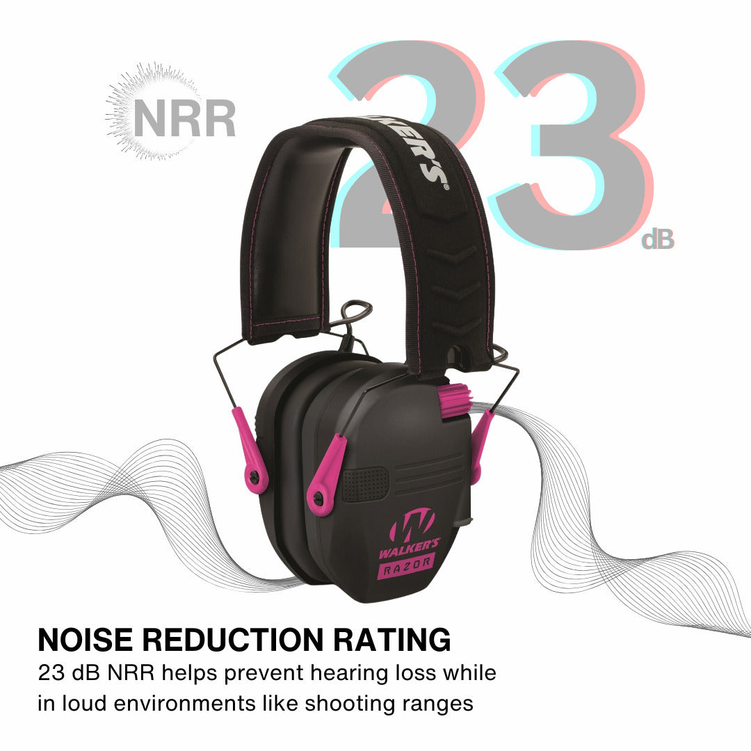 Walkers Razor Walkie Talkie Bundle with Ear Muff (Black/Pink) and Accessories