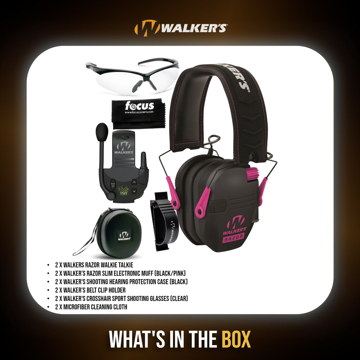 Walkers Razor Walkie Talkie Bundle with Ear Muff (Black/Pink) and Accessories