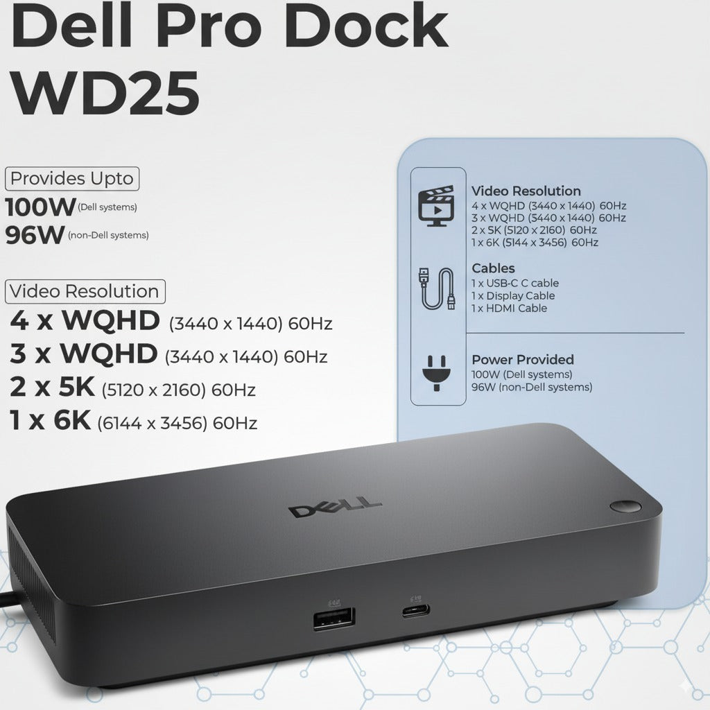 Dell WD25 Pro Dock - Universal 100W USB-C Docking Station Bundle