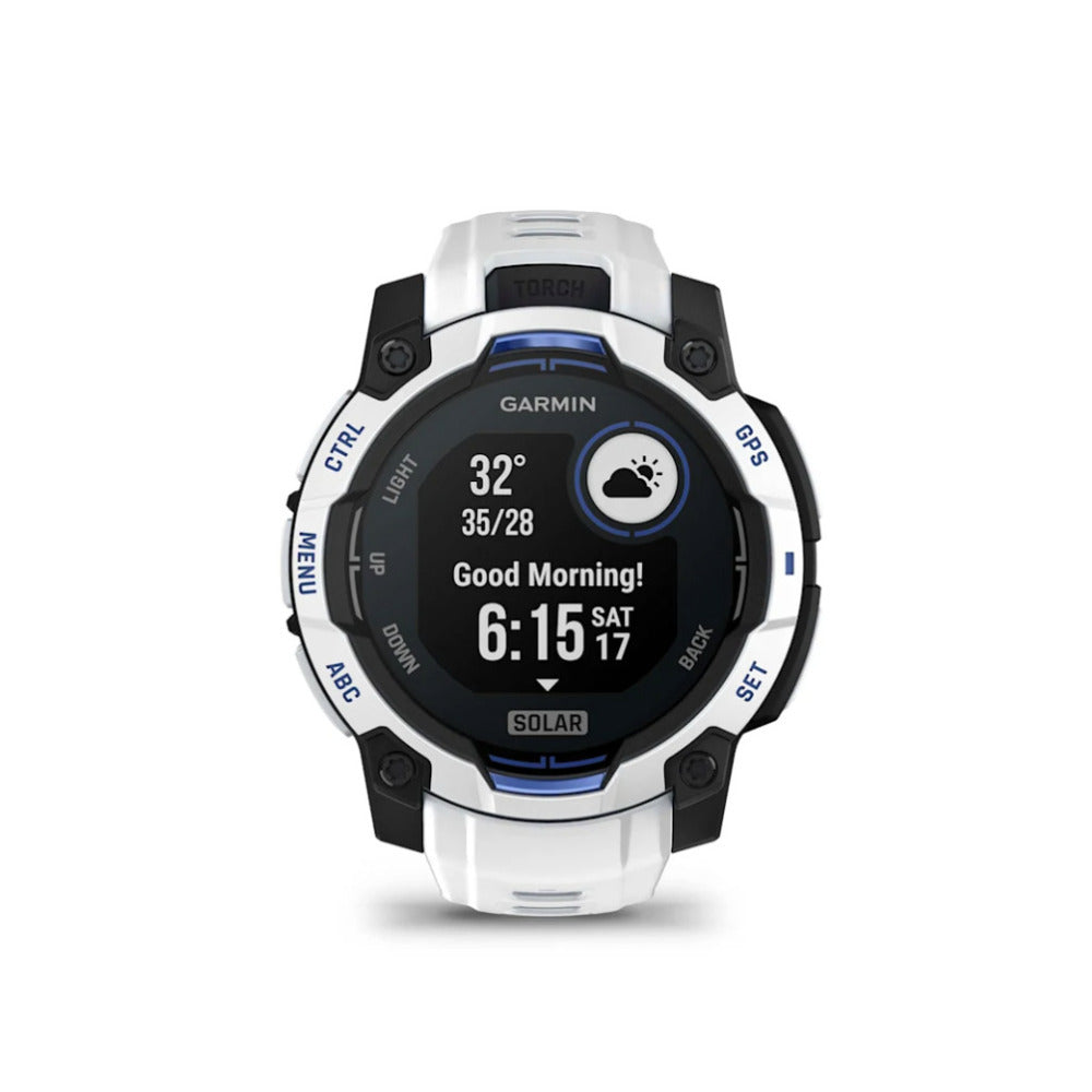 Garmin Instinct 3 AMOLED GPS Smartwatch (Whitestone/Bolt Blue)