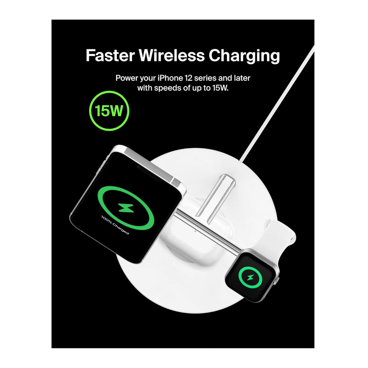 Belkin MagSafe 3-in-1 Wireless Charging Stand for iPhone 16/15/14/13/12 (White)