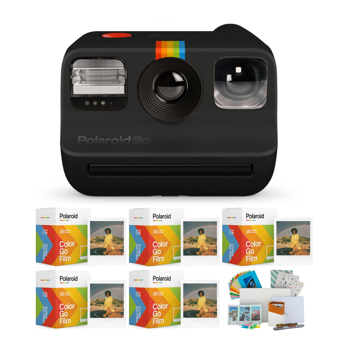 Polaroid Go Instant Camera (Black) with 5 Color Go Film Packs and PhotoBox