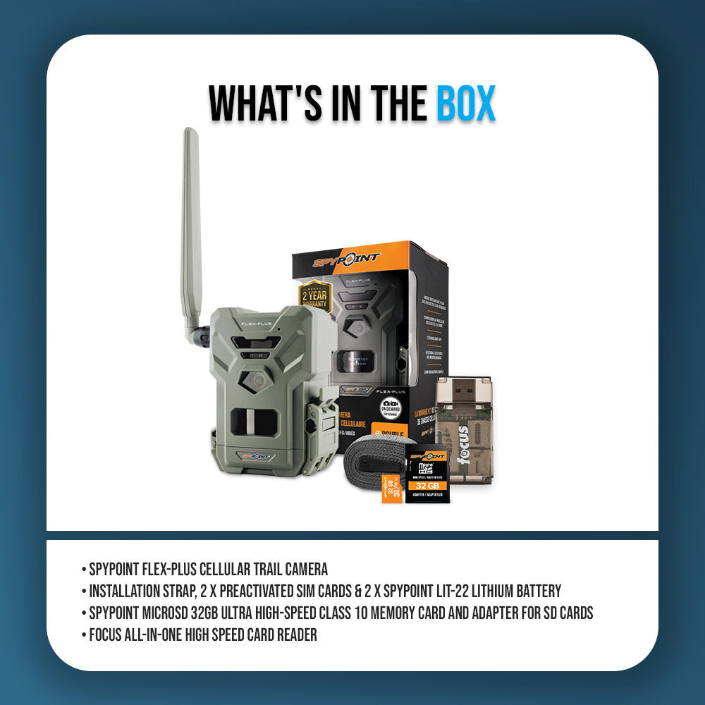 SPYPOINT Flex-Plus Cellular Trail Camera 36MP with Spypoint MicroSD 32GB Bundle