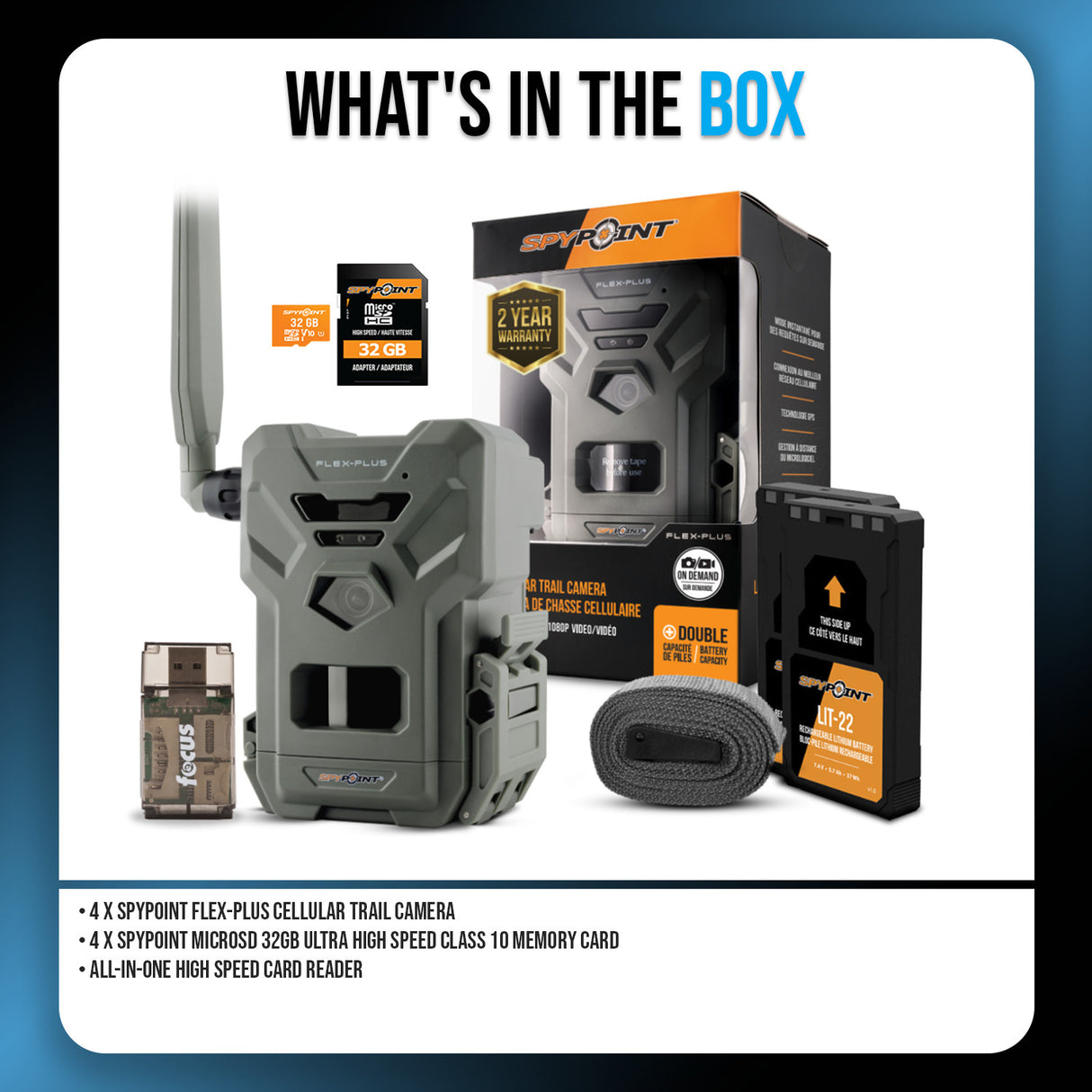 SPYPOINT Flex-Plus 1080p Cellular Trail Camera (4-Pack) Bundle with Accessories