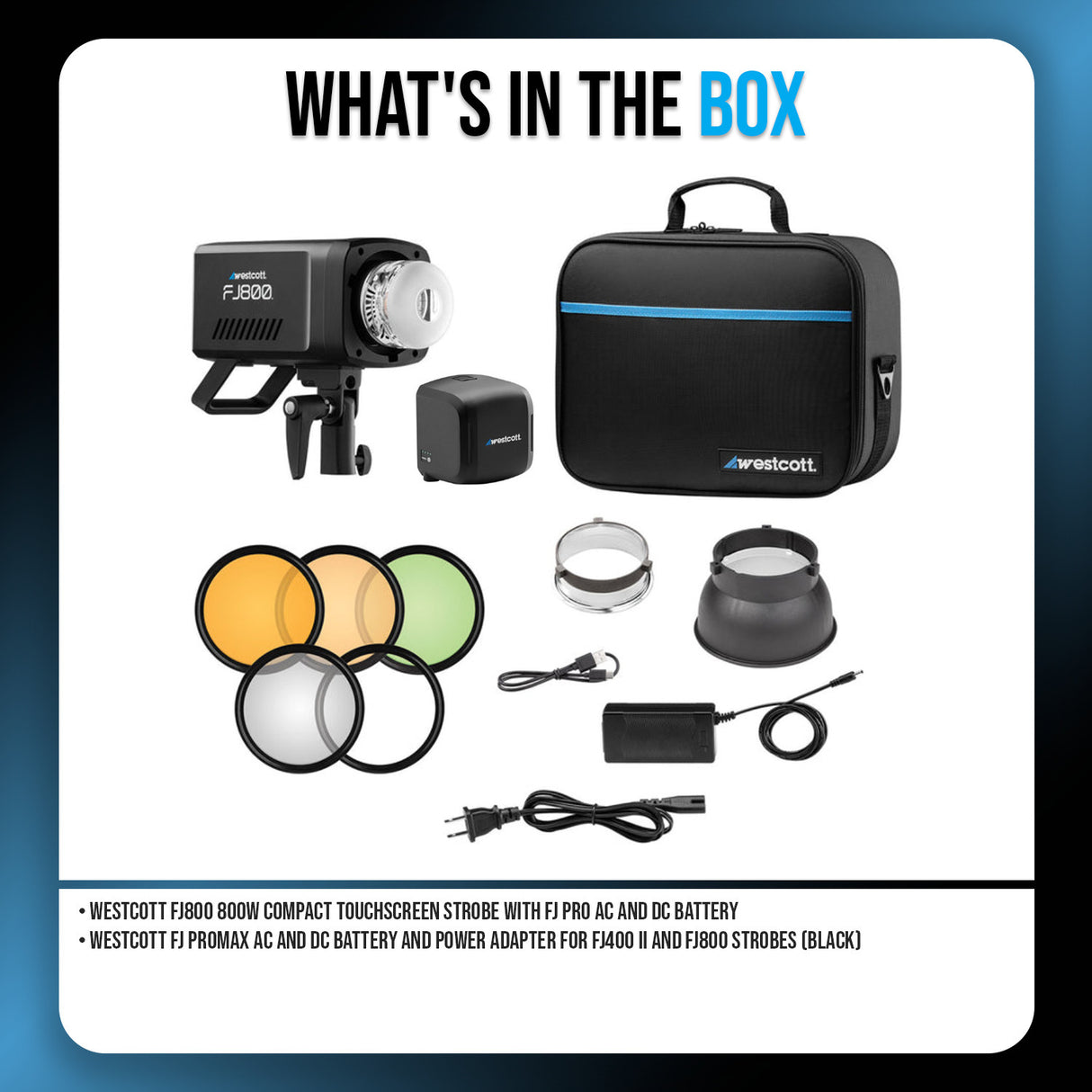 Westcott FJ800 800W Compact Touchscreen Strobe with FJ Pro AC, DC Battery Bundle