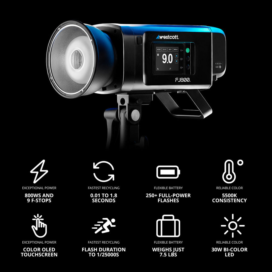 Westcott FJ800 800W Compact Touchscreen Strobe with FJ Pro AC, DC Battery Bundle