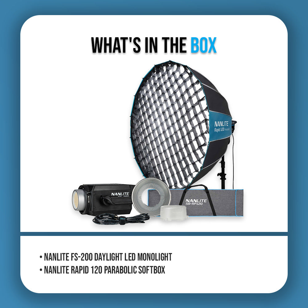 Nanlite FS-200 Daylight LED Monolight Quiet Fan Bundle with Parabolic Softbox