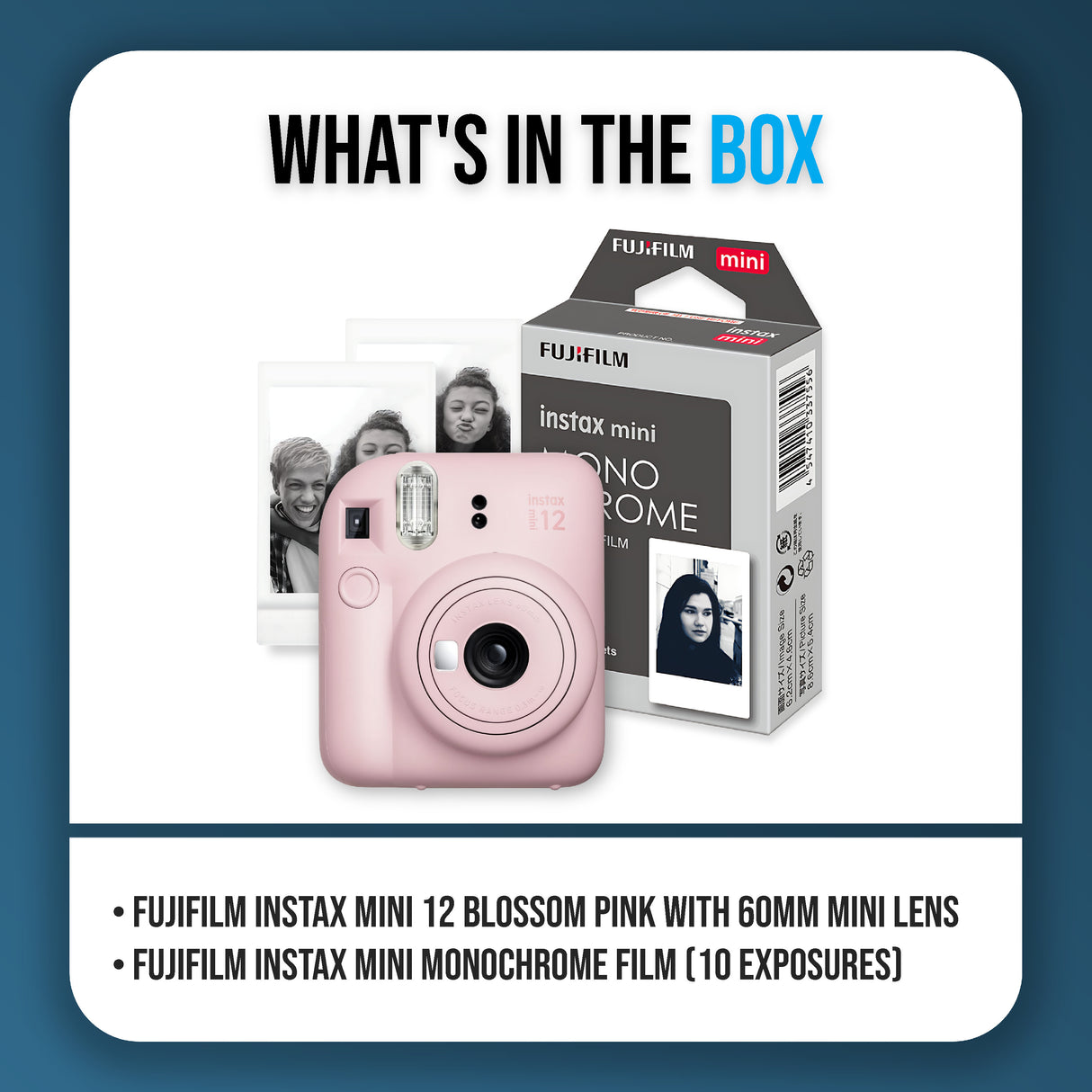 Fujifilm Instax Mini 12 Blossom Pink Bundle with 10 Monochrome Film Exposures