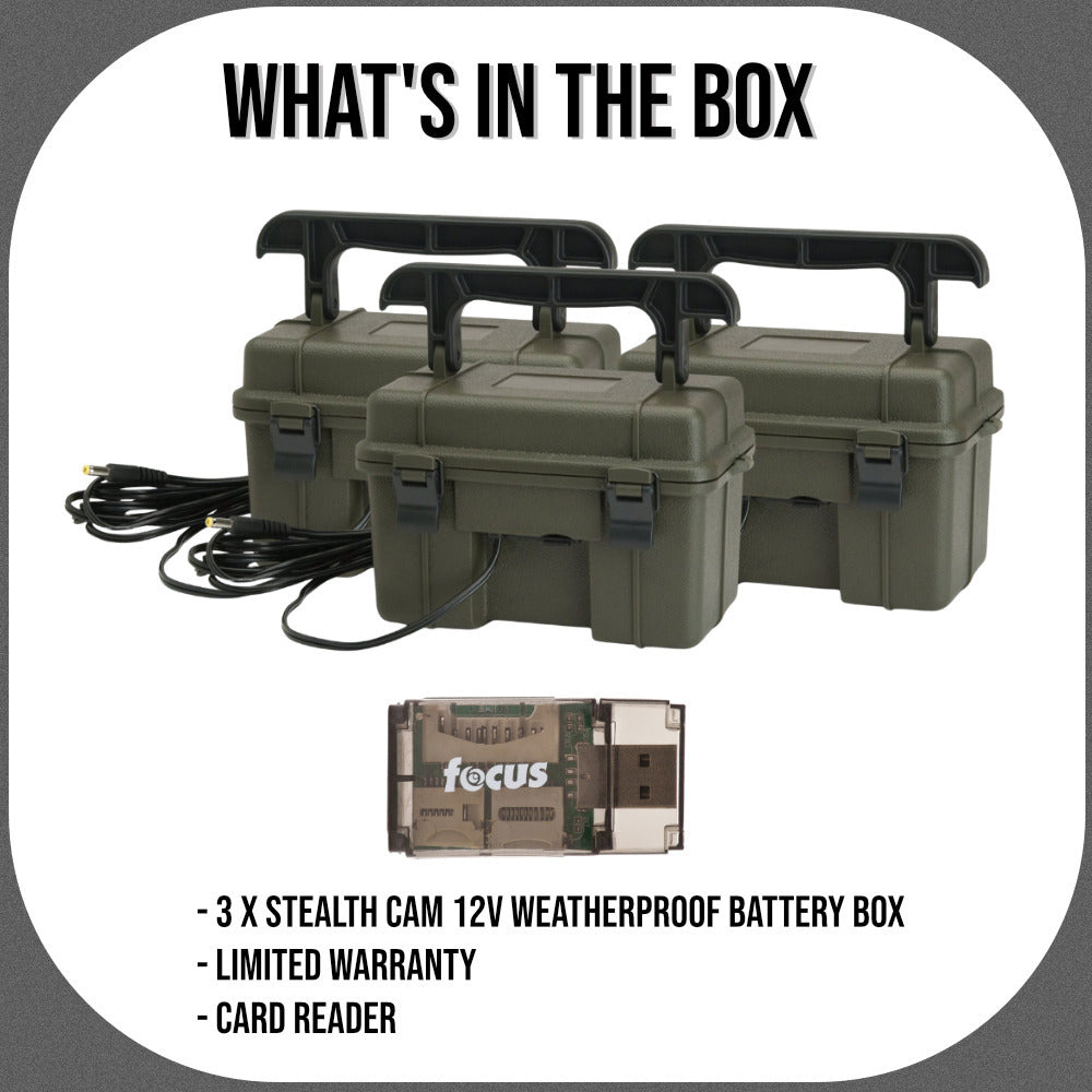 Stealth Cam 12V Weatherproof Battery Box (3-Pack, Dark Green) Bundle