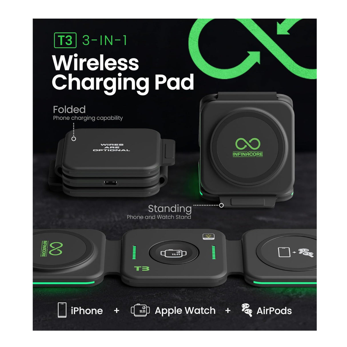 InfinaCore 3-in-1 Wireless Charging Station for Apple Devices