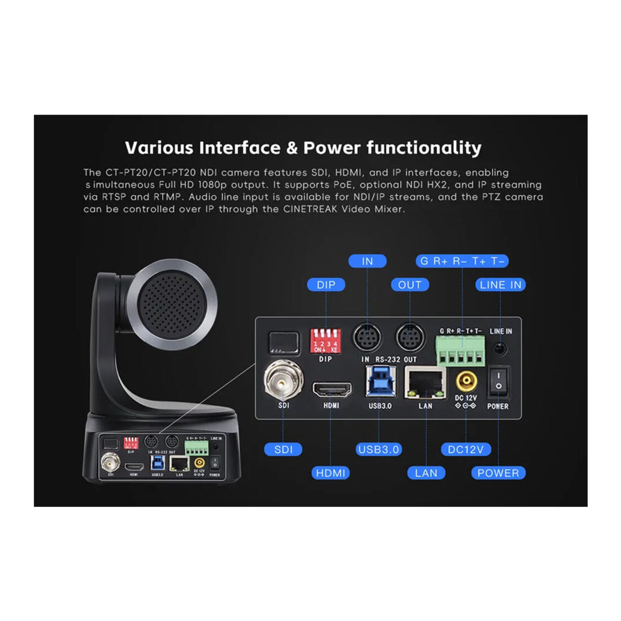 CineTreak CT-PT12 PTZ Camera - 1080p60, 12x Optical Zoom with AI Human Tracking