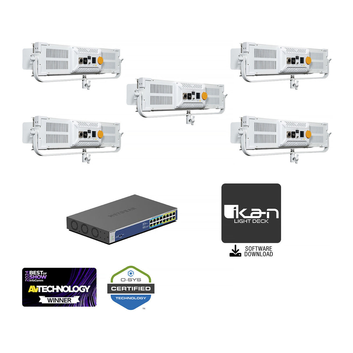 ikan Lyra LBX8-PoE Bi-Color LED Light Panel (White Unmanaged Switch 5-Light Kit)