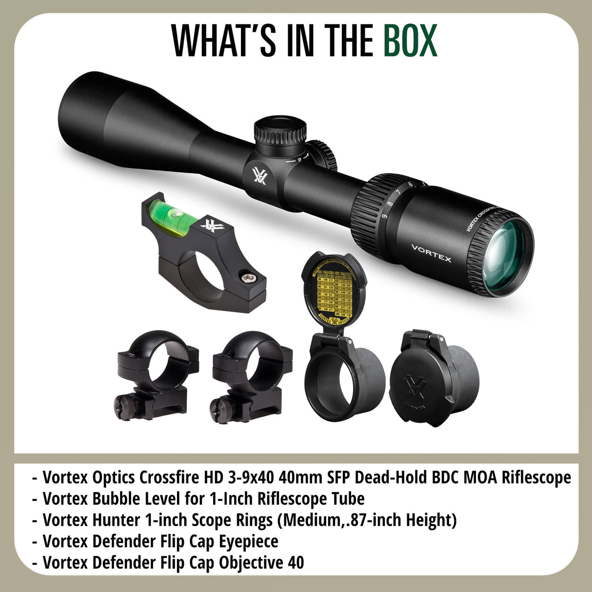 Vortex Optics Crossfire HD 3-9x40 SFP Dead-Hold BDC MOA Bundle with Accessories
