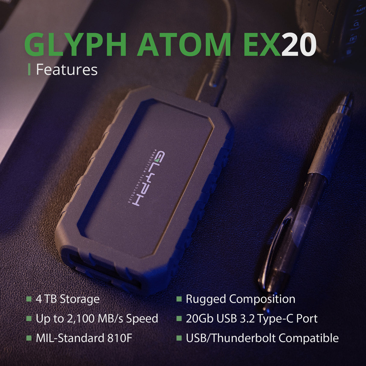 Glyph Atom EX20 High-Intensity 4TB Portable NVMe SSD with USB-C 3.2 Port (Black)