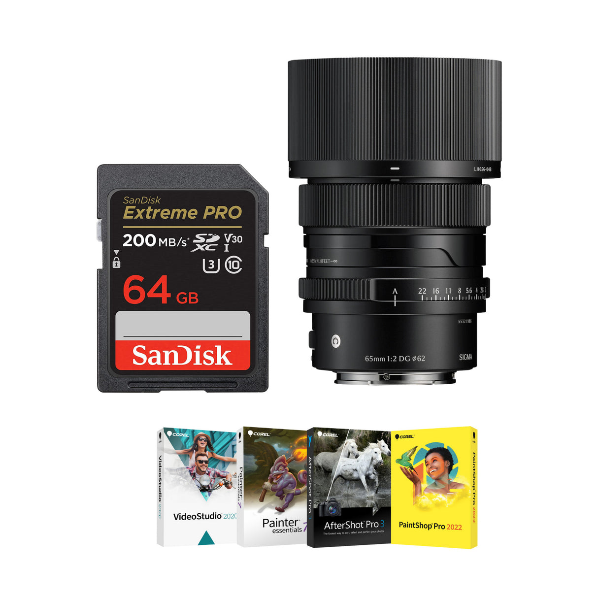 Sigma 65mm F2 DG Black Lens for Sony E Mount, Software, 64GB Memory Kit