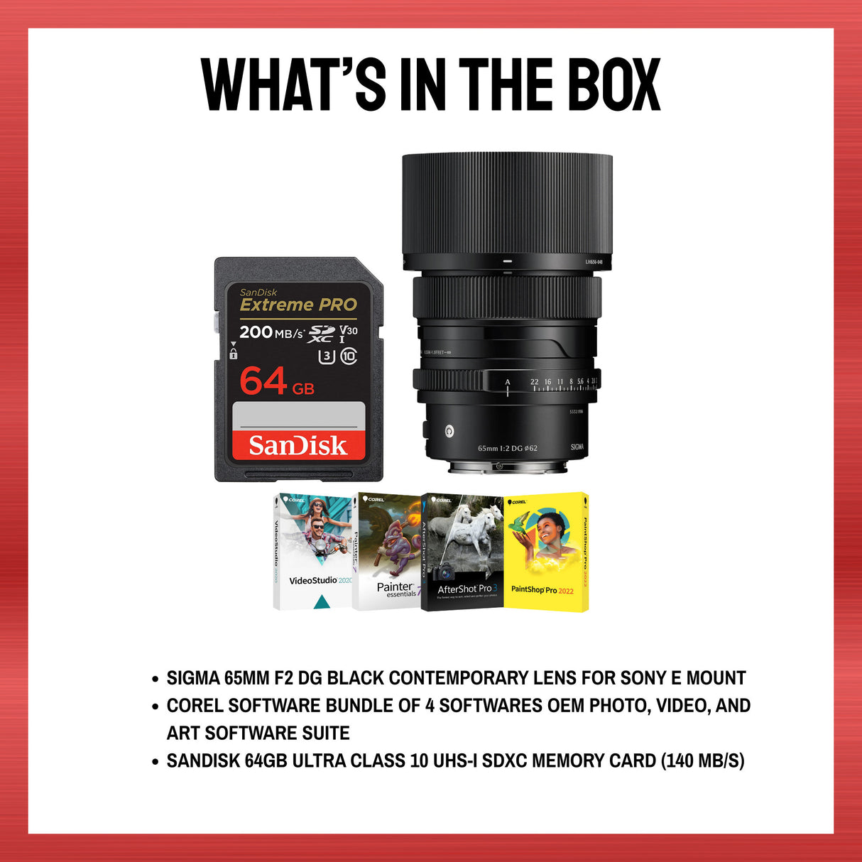 Sigma 65mm F2 DG Black Lens for Sony E Mount, Software, 64GB Memory Kit