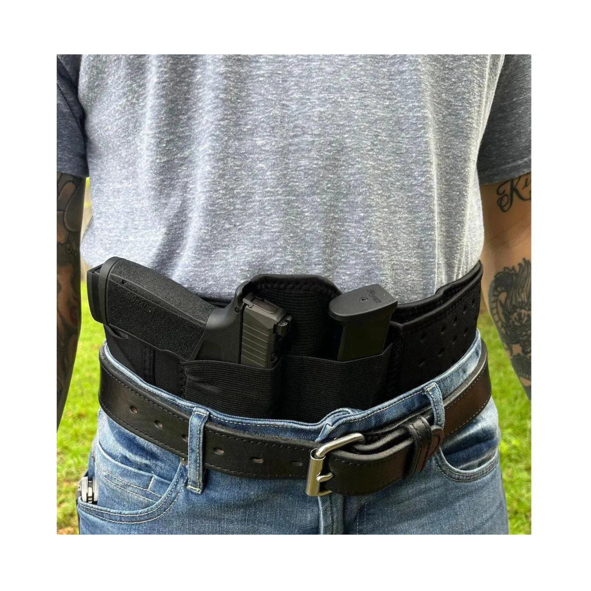Rounded Belly Band Holster with Wide Elastic Pockets (Large, Black)