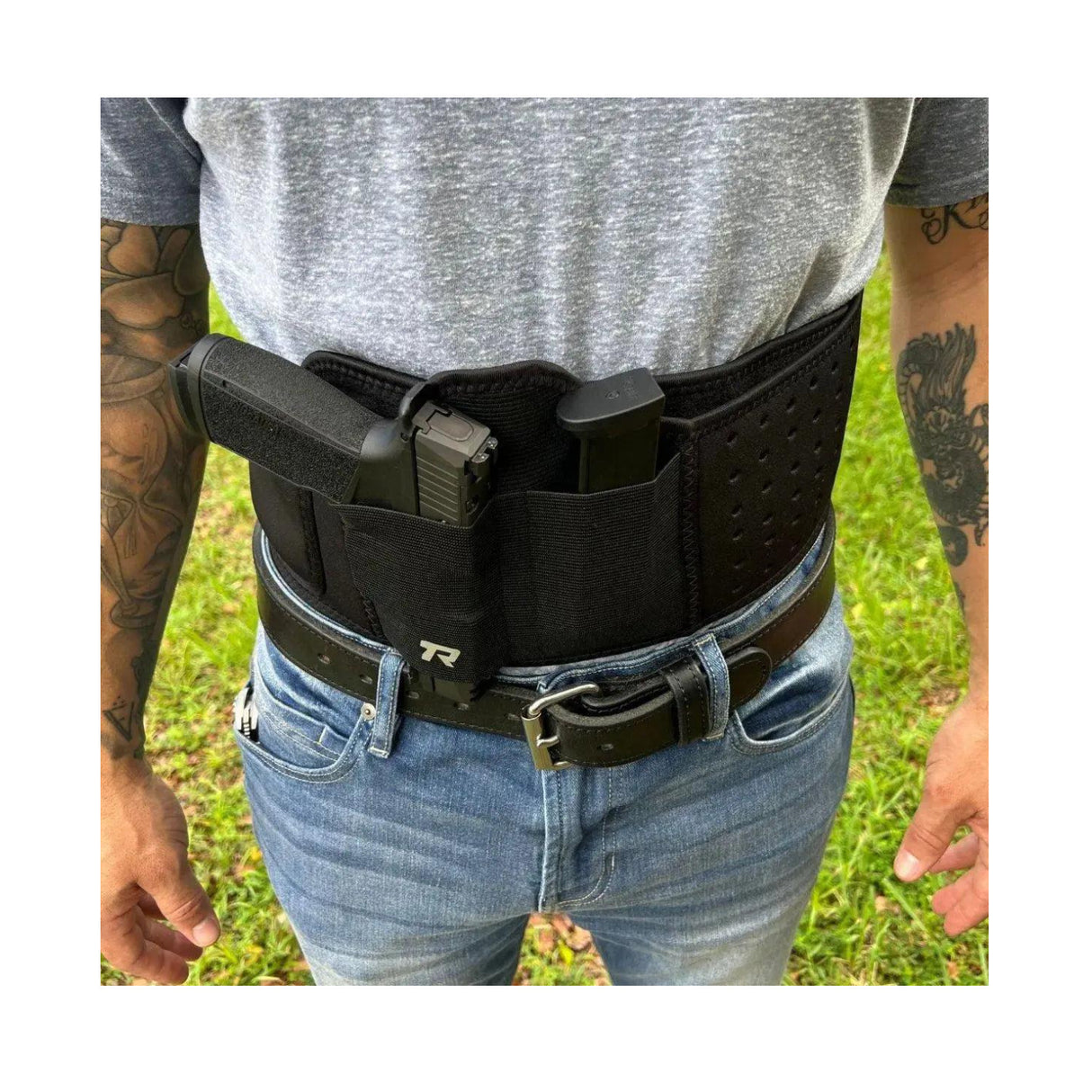 Rounded Belly Band Holster with Wide Elastic Pockets (Medium, Black)