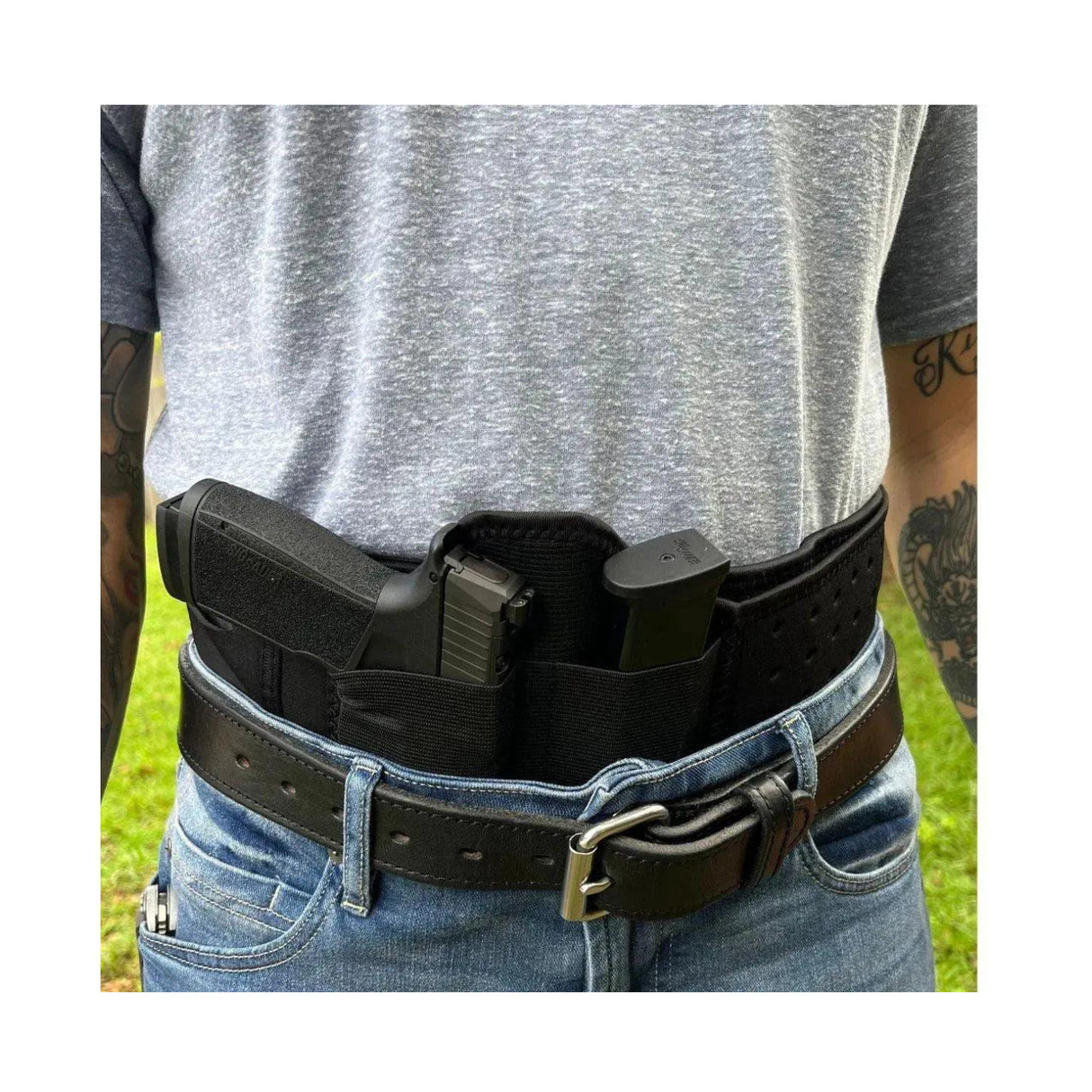 Rounded Belly Band Holster with Wide Elastic Pockets (Medium, Black)