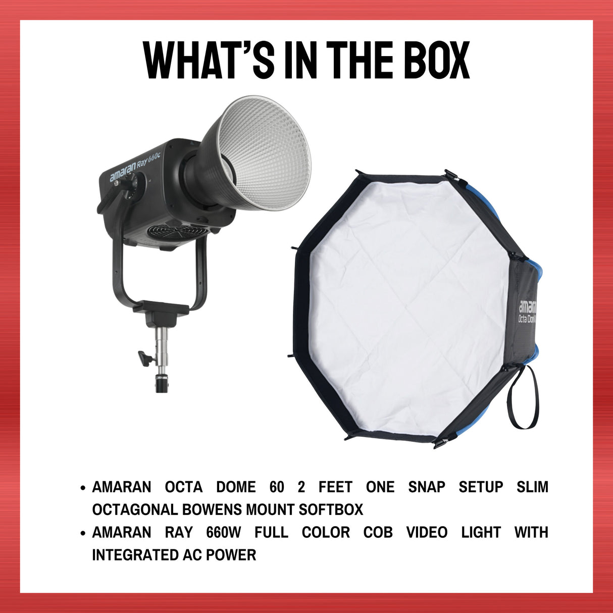 Amaran Ray 660W Full Color COB Video Light with AC Power and Octa Dome 60 Bundle