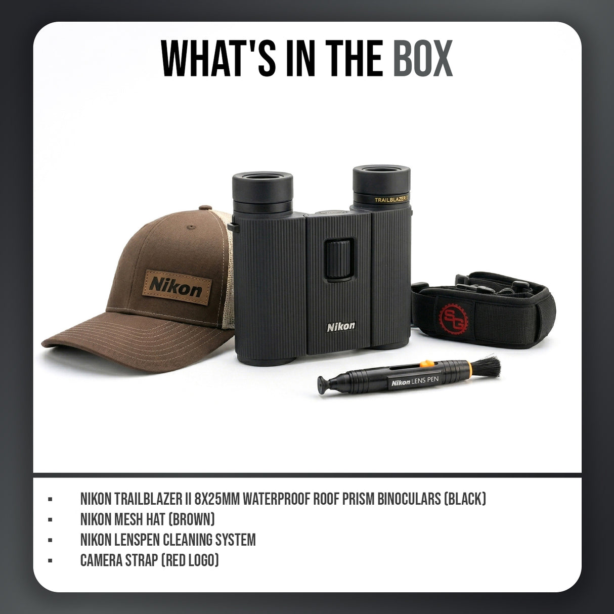 Nikon Trailblazer II 8x25 Compact Binoculars (Black) with Accessories Bundle