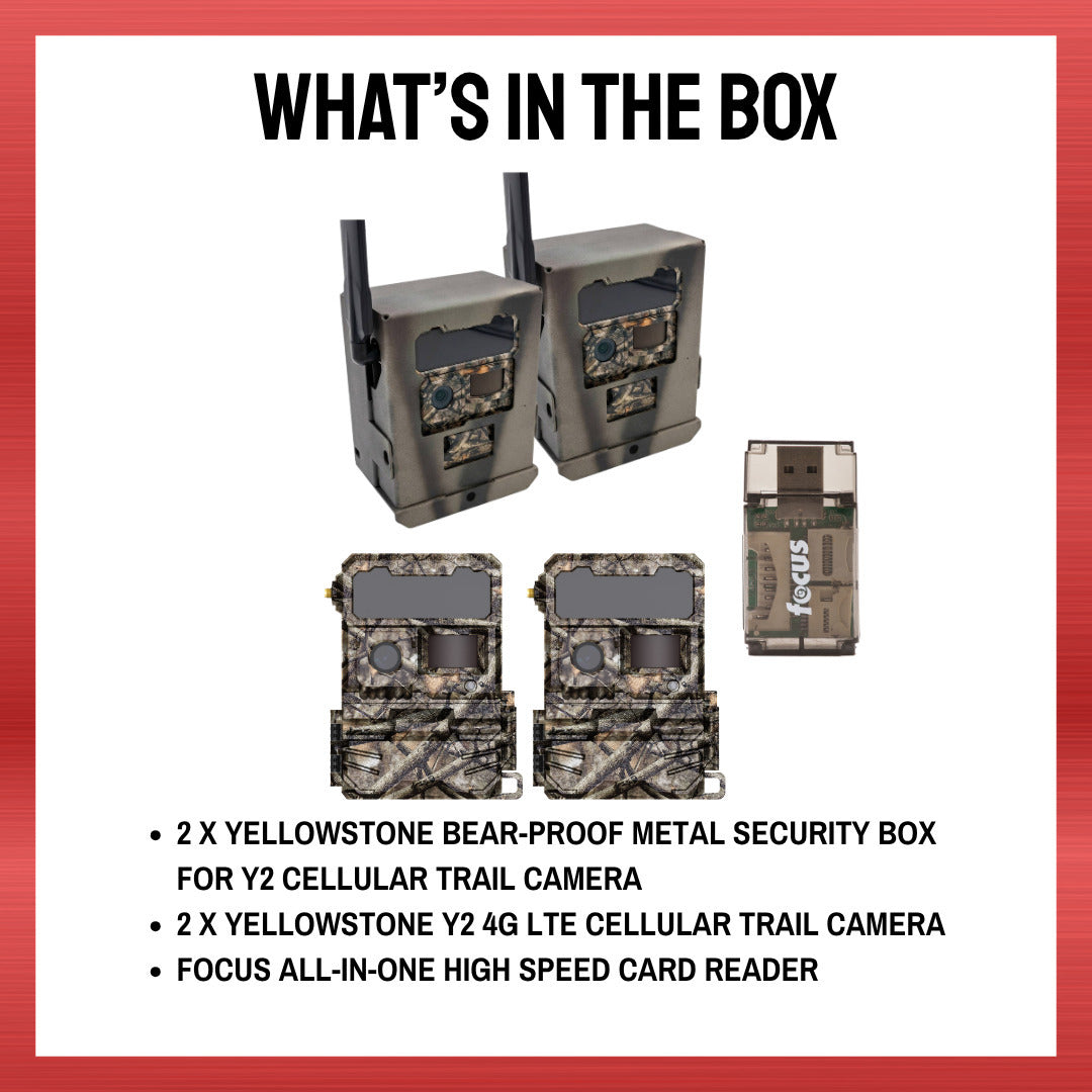 Yellowstone Y2 Cellular Trail Camera (2 Pack) with Security Box and Card Reader