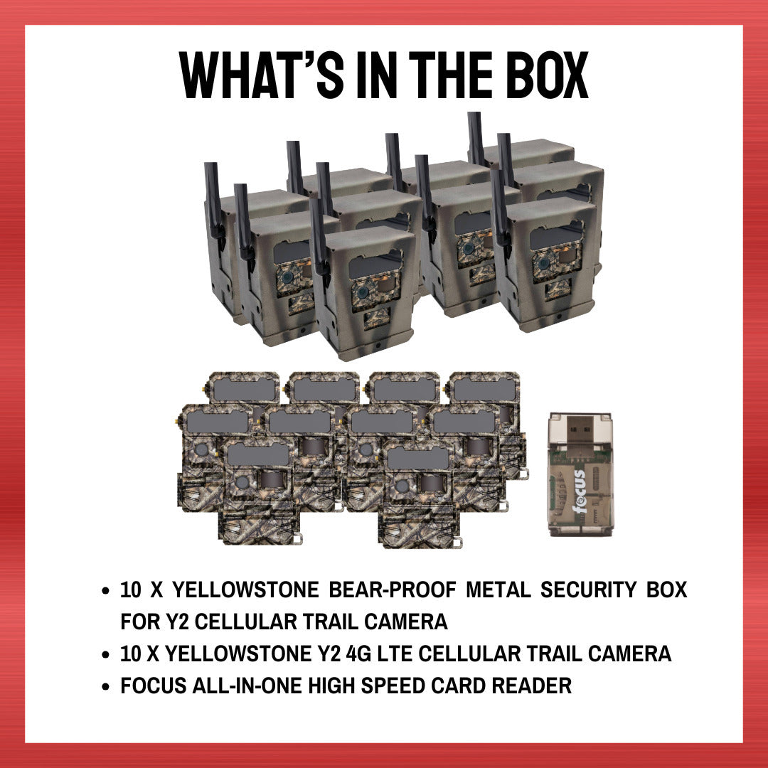 Yellowstone Y2 Cellular Trail Camera (10 Pack) with Security Box and Card Reader
