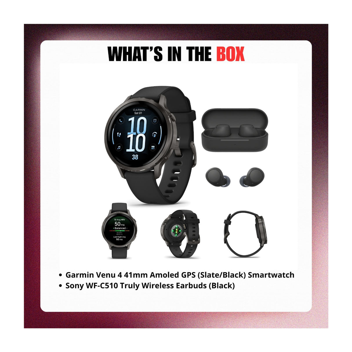 Garmin Venu 4 41mm AMOLED (Slate/Black) GPS Smartwatch with Earbuds Bundle