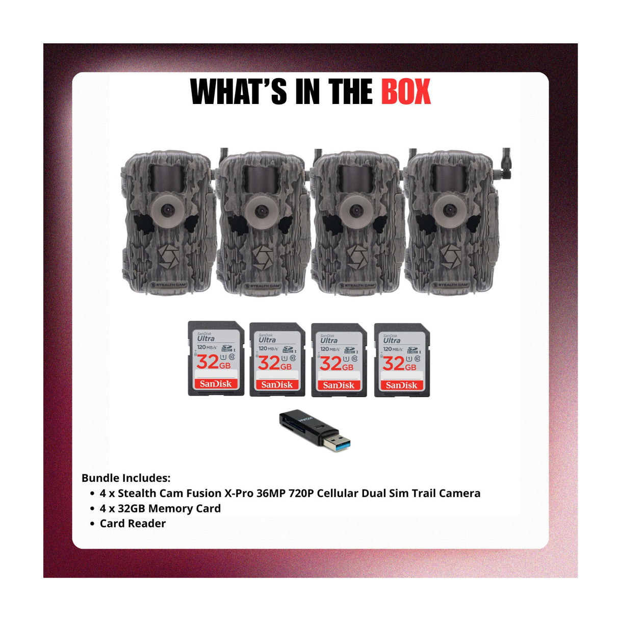Stealth Cam Fusion X-Pro 36MP 720P Cellular Dual Sim Trail Camera 4-Pack Bundle