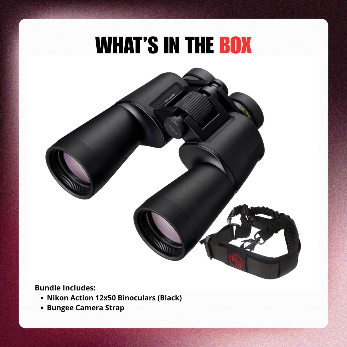 Nikon Action 12x50 Binoculars (Black) with Bungee Strap Bundle