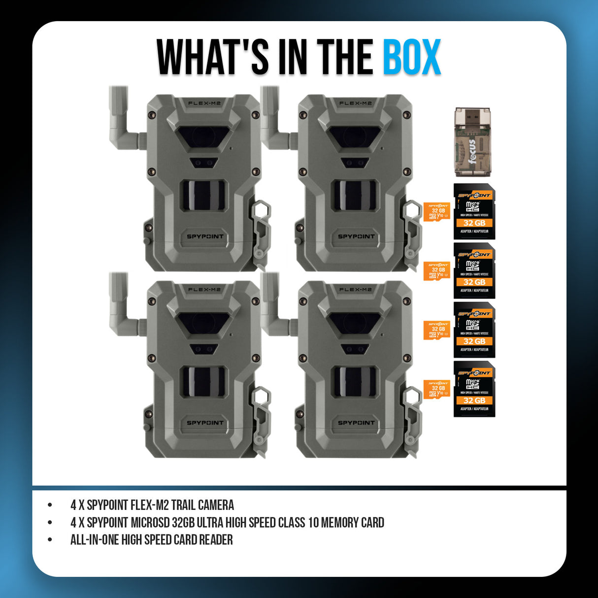 Spypoint FLEX-M2 Trail Camera (4-Pack) with Memory Card and Card Reader Bundle