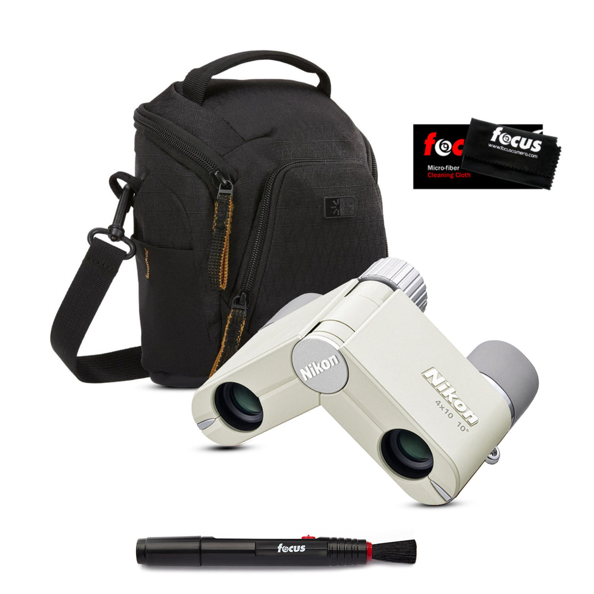 Nikon 4x10D CF 4x Lightweight Pocket Binocular (Ivory White) with Camera Bag and Accessories Bundle