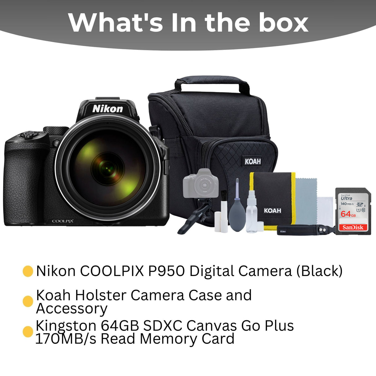 Nikon COOLPIX P950 Digital Camera (Black) Camera Case and Accessory, 64GB Memory Card Bundle