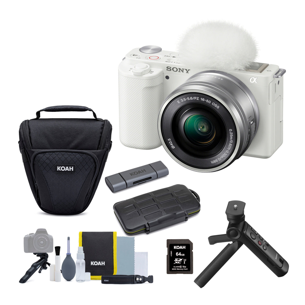 Sony Alpha ZV-E10 APS-C Vlog Camera with 16-50mm Lens (White) and Vlogger Accessory Kit Bundle