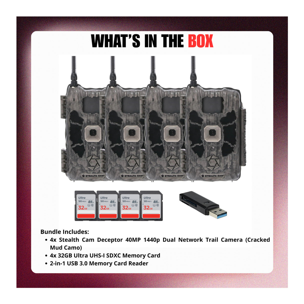 Stealth Cam Deceptor Dual Network Trail Camera (4 Pack) Bundle with 32GB Memory Card & Card Reader - 9