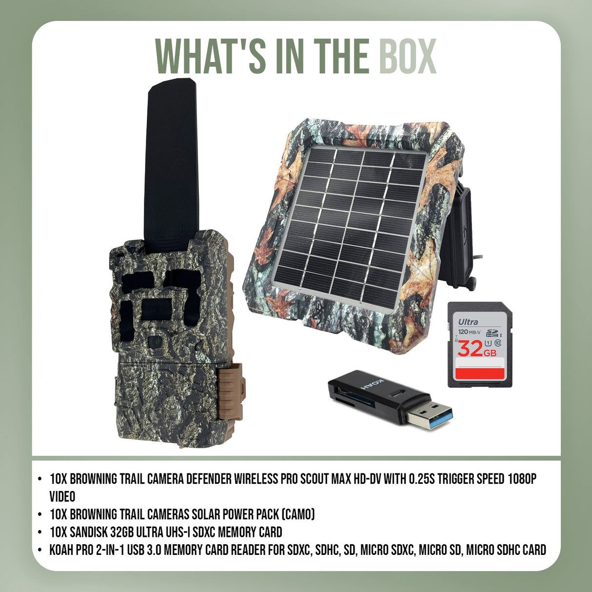 Browning Defender Wireless Pro Scout Max HD-DV Trail Camera (10 Pack) Bundle with Accessories