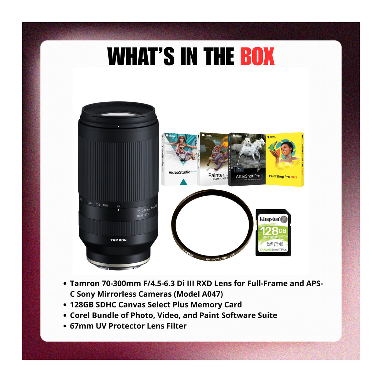 Tamron 70-300mm F/4.5-6.3 Di III RXD Lens (Sony E-Mount) with Accessories Bundle - 9