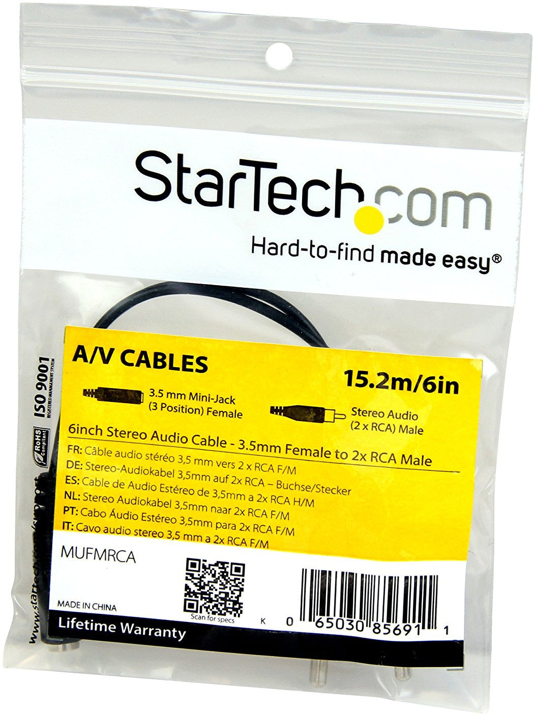 StarTech MUFMRCA 3.5mm Female to 2 x RCA Male 6-Inch Stereo Audio Cable