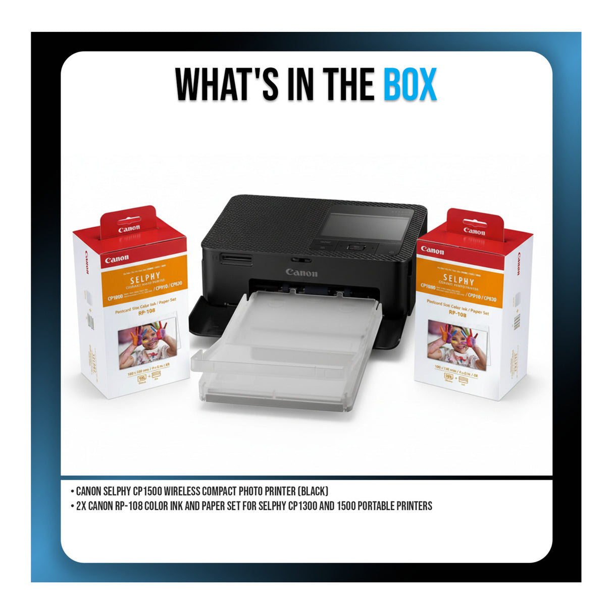 Canon CP1500 Compact Photo Printer (Black) Bundle with Color Ink and Paper Set