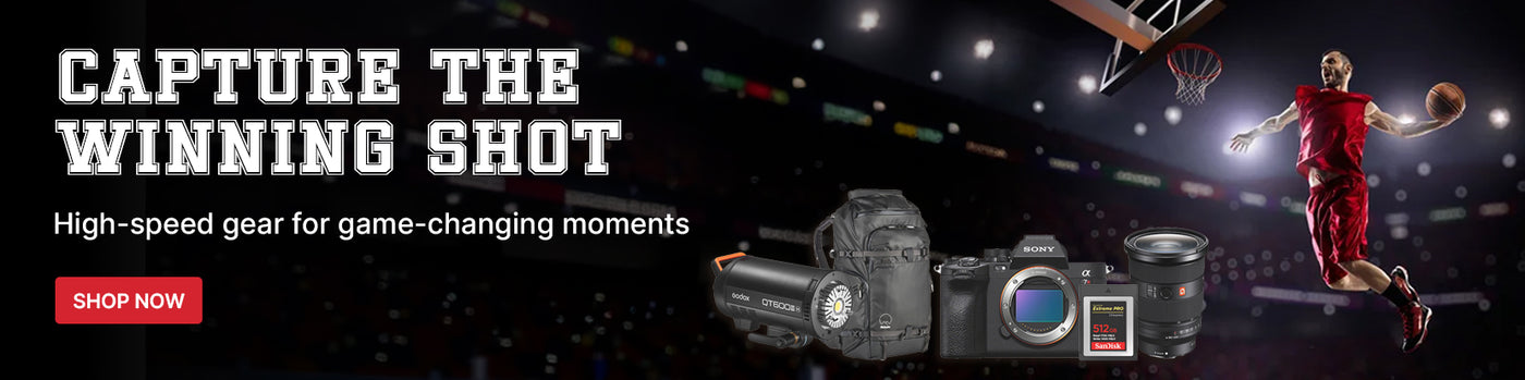 Camera equipment with text 'Capture the Winning Shot' in a sports arena setting.