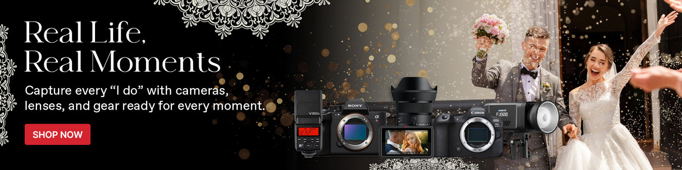 Promotional banner for camera equipment with a couple and text about capturing 'Real Life, Real Moments'.