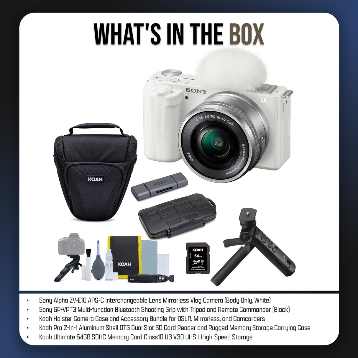 Sony Alpha ZV-E10 APS-C Vlog Camera with 16-50mm Lens (White) and Vlogger Accessory Kit Bundle