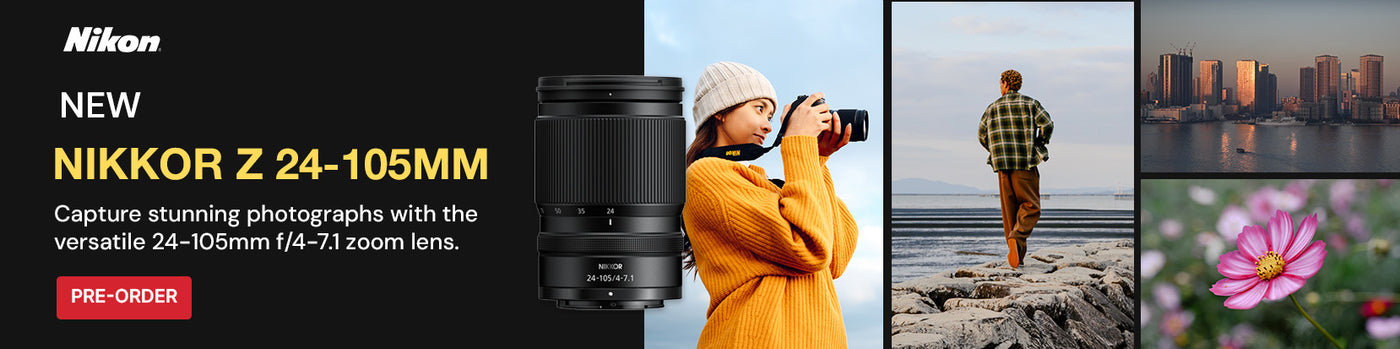 Nikon camera lens advertisement with a person taking a photo, scenic views, and a flower.