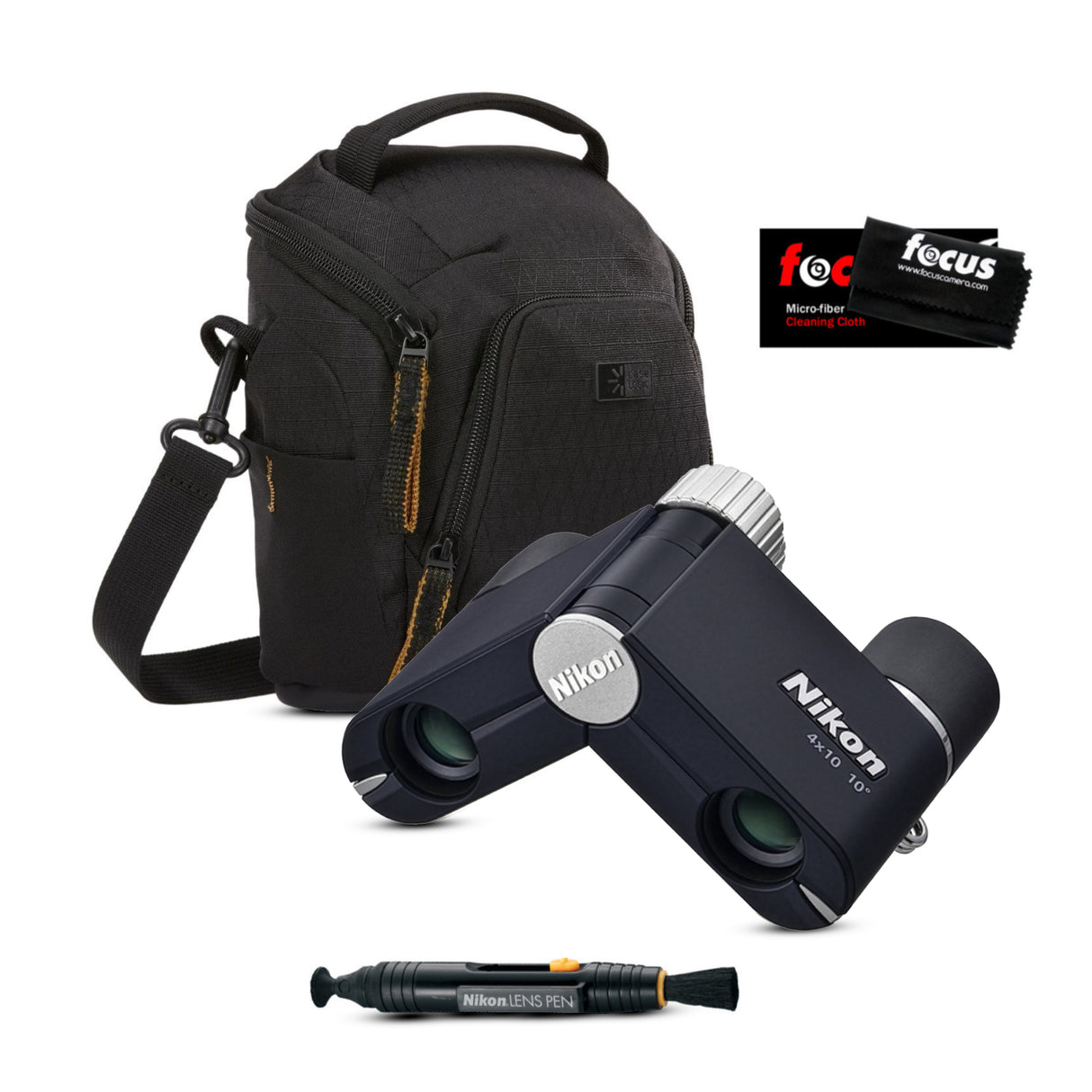 Nikon 4x10D CF Pocket Binoculars (Dark Navy) with Black Camera Shoulder Bag and Accessories Bundle