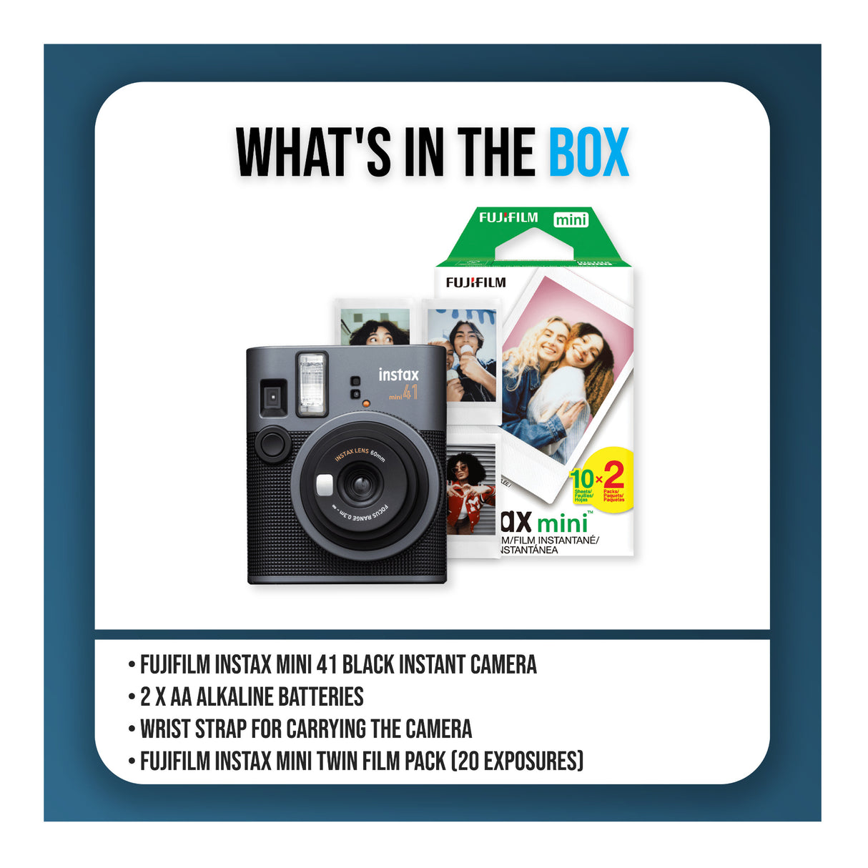 Fujifilm Instax Mini 41 Black Instant Camera Bundle with 20 Exposure Pack