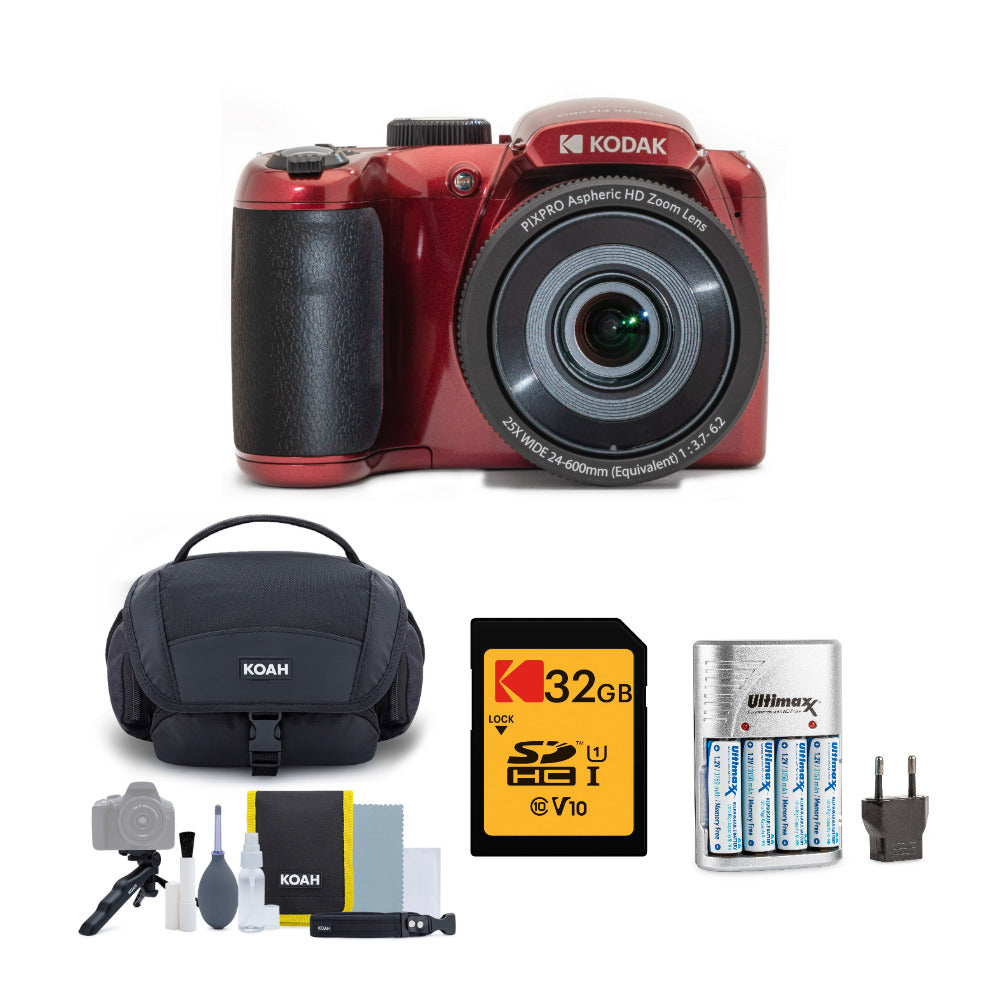 Kodak PIXPRO AZ255 Astro Zoom 16MP Digital Camera (Red) with Battery Charger, 32 GB Card Bundle