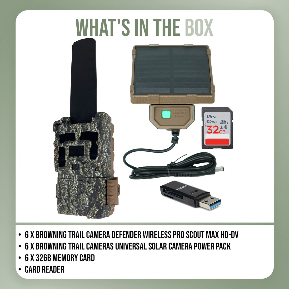 Browning Trail Camera Defender Wireless Pro Scout Max HD-DV (6-Pack) Bundle with Solar Power Pack