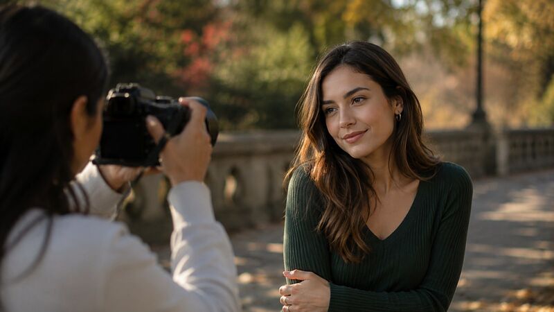 Photographer taking a softly lit outdoor portrait with a blurred natural background.