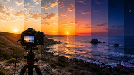 DSLR camera on a tripod capturing a coastal sunset transitioning from daylight to night