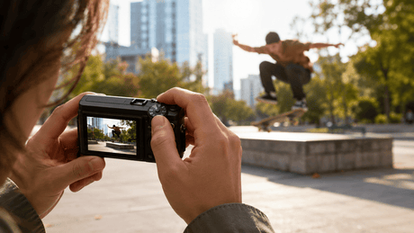 Photographer adjusting a compact point-and-shoot camera while capturing a skateboarder performing a jump in an urban park.